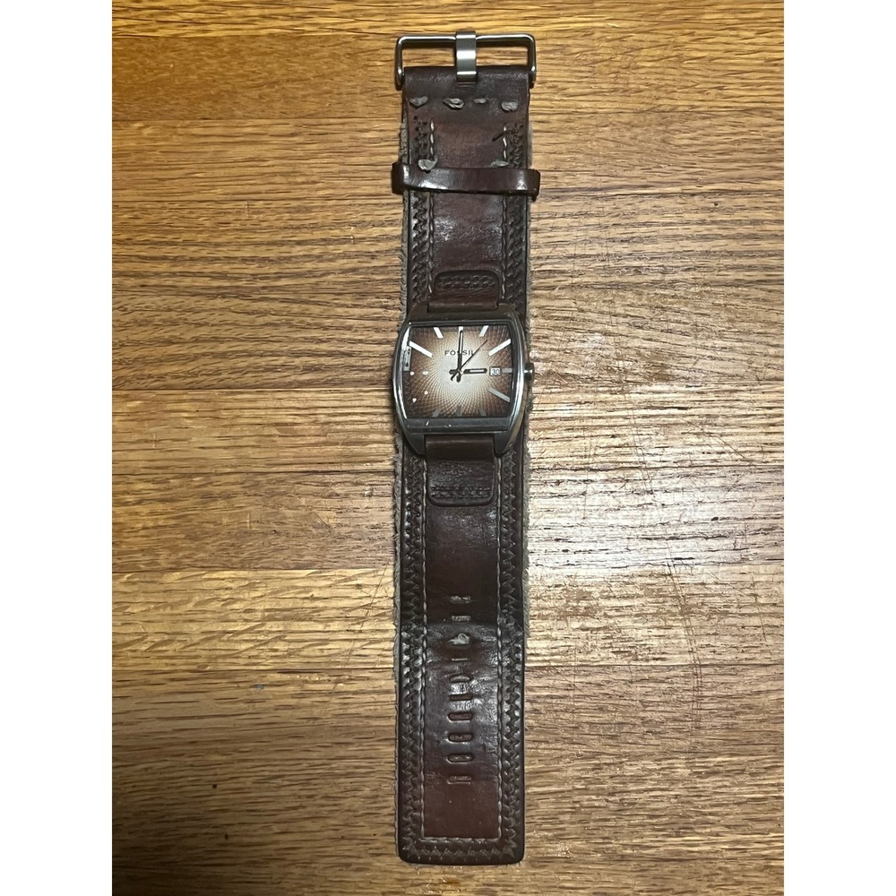 Fossil Mens Cuff Watch Brown Sunburst Dial Leather Band Date Window JR-9121
